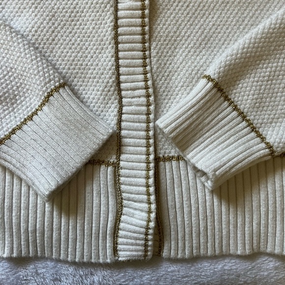 Adrianna Papell Metallic Stripe Waffle Knit Crop Cardigan Ivory Gold Size L - Picture 11 of 13